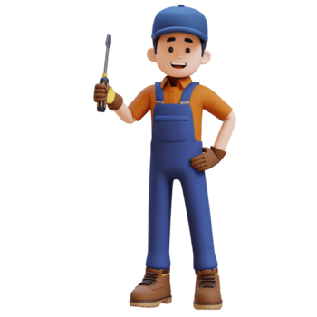 Mascote mecânico segurando uma chave de fenda, pronto para começar